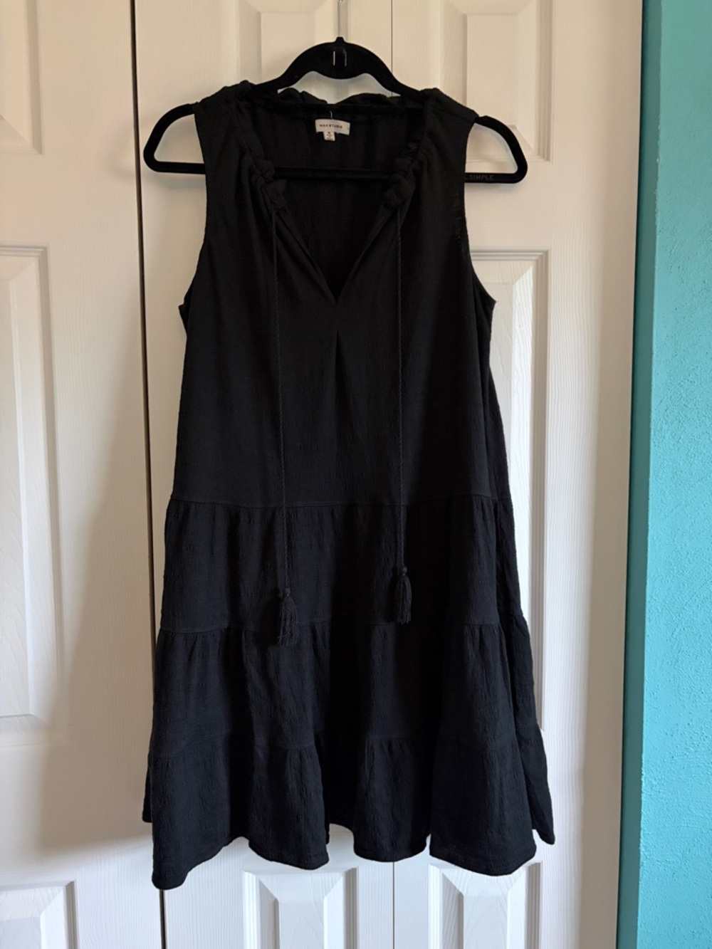 Max Studio Black Sleeveless Tiered Mini Dress with Tassel Ties